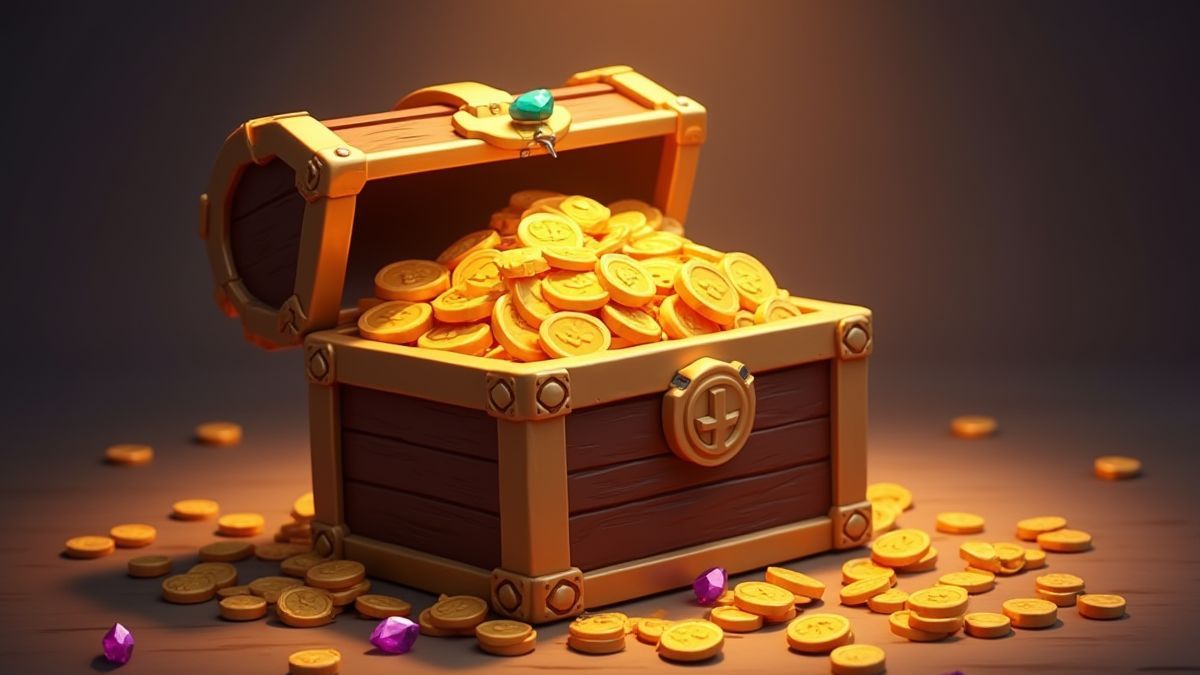 Un cofre del tesoro lleno de monedas de oro y gemas brillantes.